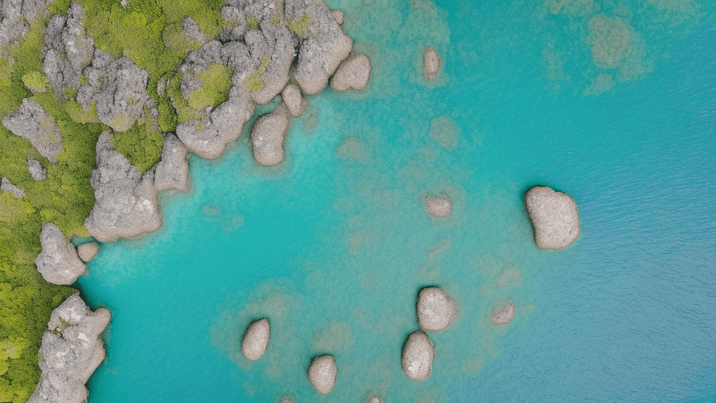 AI generated: bird's eye view high up looking down of a simple island. you can see the mainland in the background....