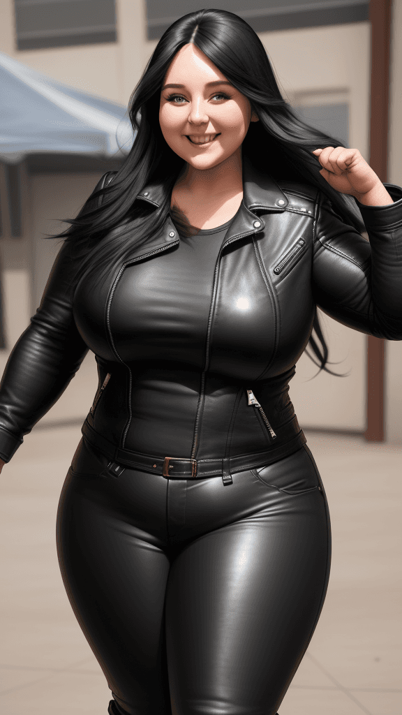 AI generated: 30 year old chubby woman, biceps, long black hair, smiling, wears leather jacket, wears leather pant...