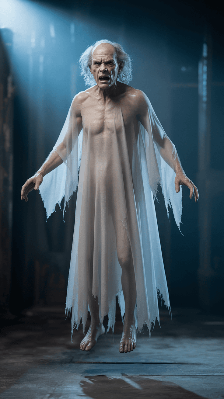 AI generated: A full-body angry looking old man ghost with a realistic mystic human face, floating in mid-air.  hi...