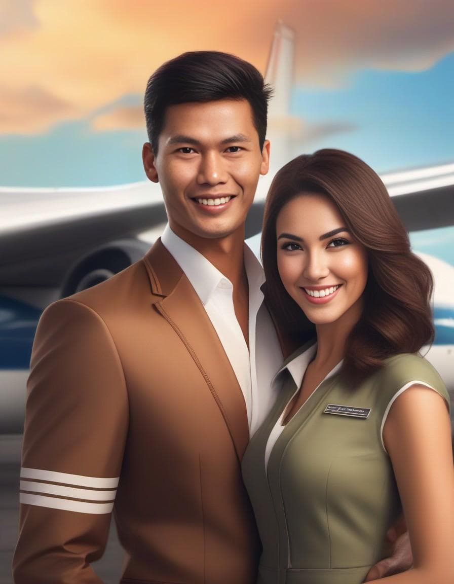 AI generated: Masterpiece, best quality, (Funny man|pilot of a civil aircraft stands in an embrace next to a beaut...