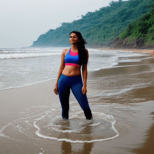 AI generated: An indian woman in leggings playing in the water at konkan region, india beach. she is looking to th...