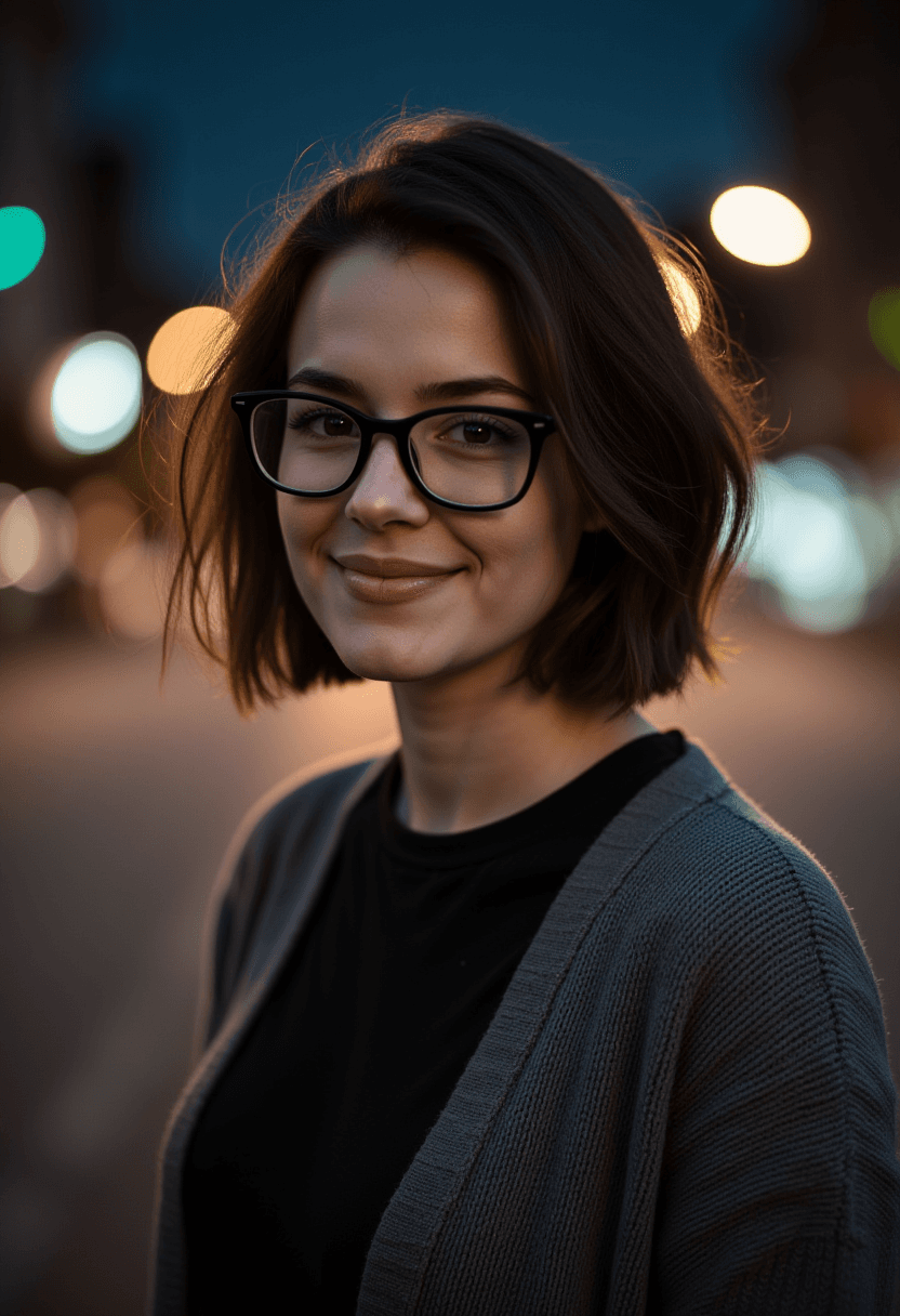 AI generated: A young woman in her mid-twenties, with short brown hair styled neatly around a pair of thick black ...