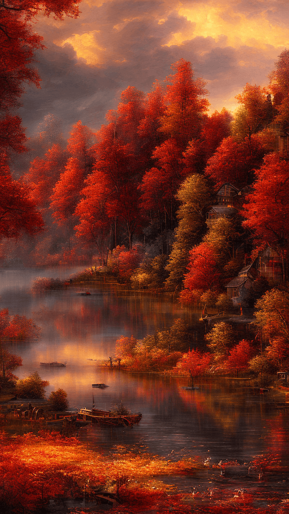 AI generated: Autumn landscape,Bokeh, Dark Red Color, another landscape, red  clouds over the lake, insanely detai...