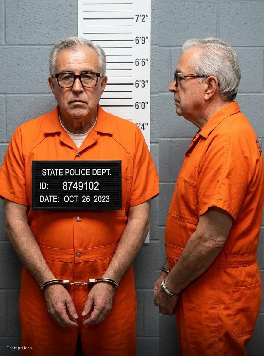 AI generated:  A photograph of (image reference) arrested, he is wearing an inmate jumpsuit, mugshot