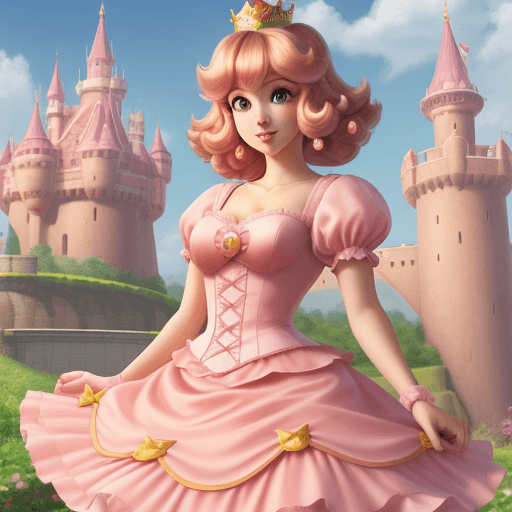 AI generated: High resolution young princess peach, pink castle background short brown hair