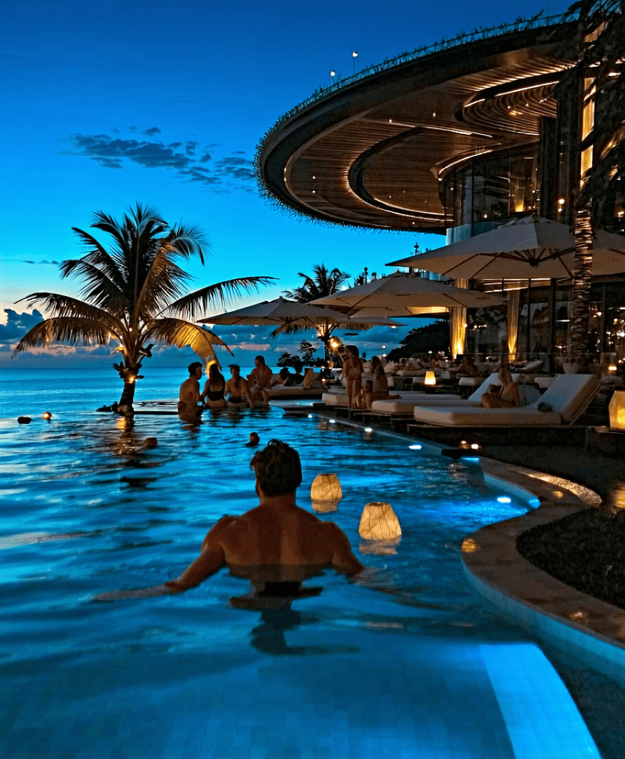 AI generated: Guests enjoying the infinity pool at sunset, glowing ambient lights, reflections in water, palm tree...