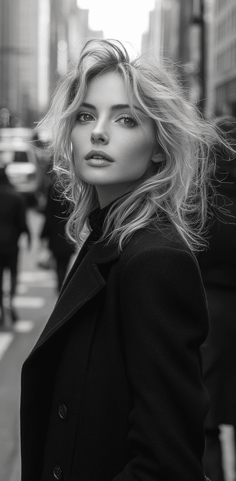 AI generated: Black and white street photography of a supermodel, blonde hair and is wearing a black coat, crossin...