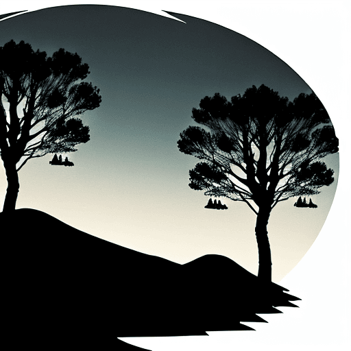 AI generated: Three round hills, 2 with trees on top. Silhouette style.
