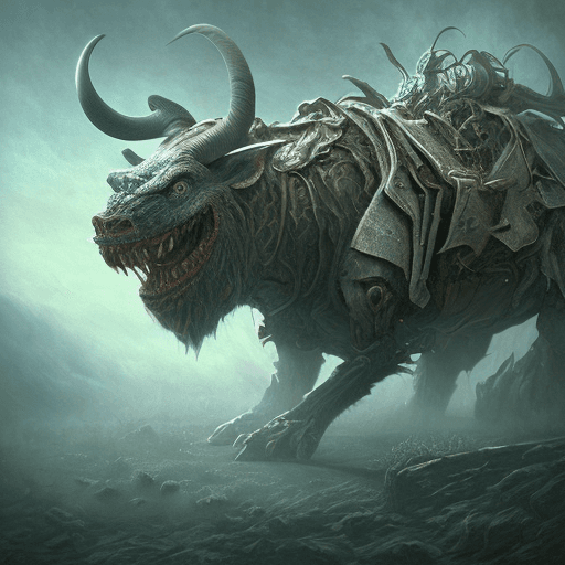 AI generated: mdjrny-v4 style OGRE is wearing a powered exoskeleton , long horn, , cute face, tsutomu nihei style,...