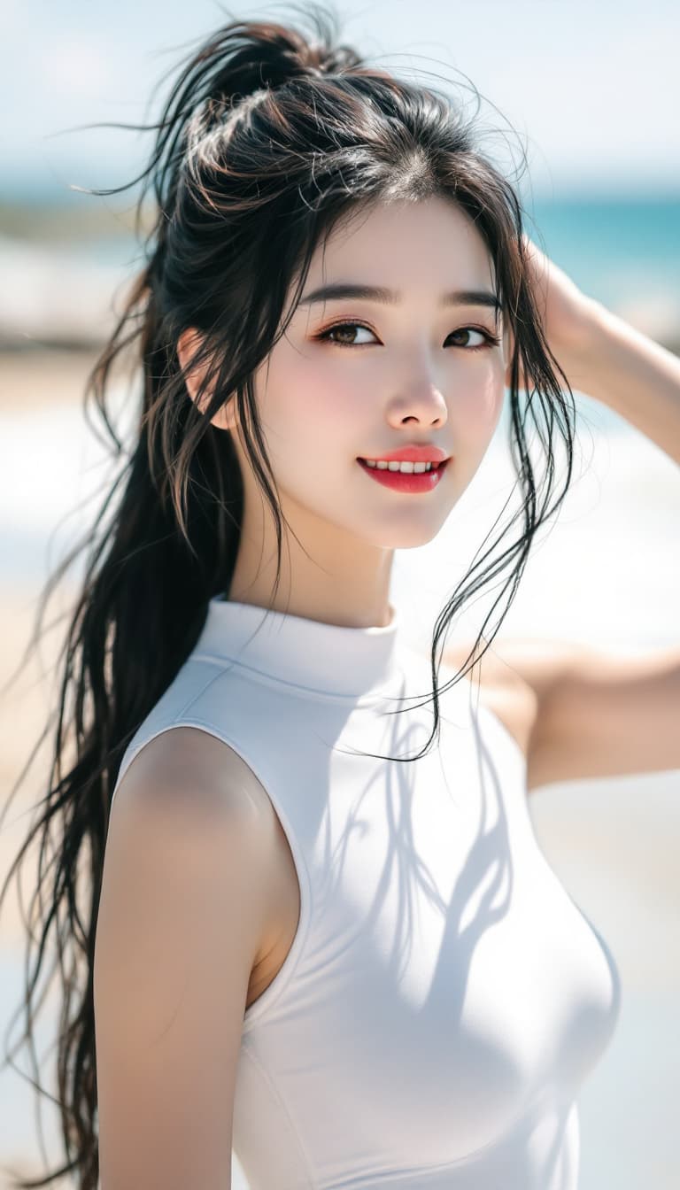 AI generated: High resolution image. A long-haired Korean woman is wearing a white freediving suit. The background...