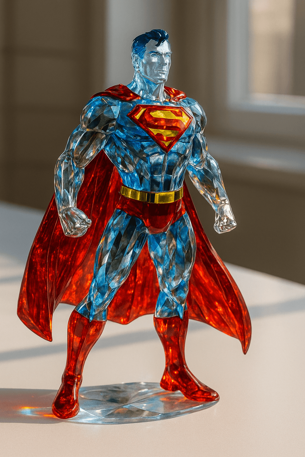AI generated: hyperrealistic close up shot of superman made out of swaroswki glass on a white table. supeman refle...