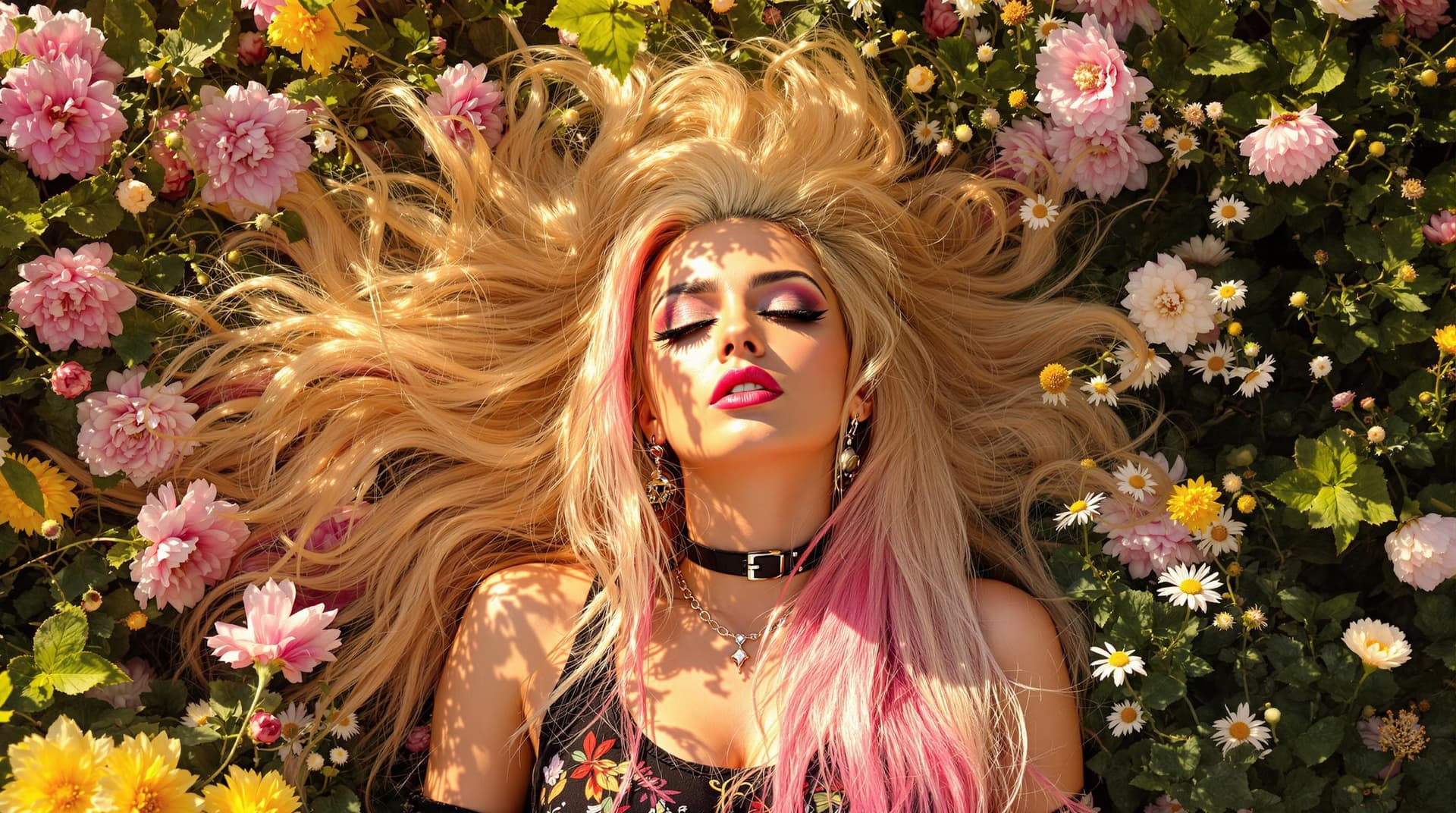 AI generated: A punk rock woman with extremely long blonde hair and a long pink streak lying face up in A vibrant ...