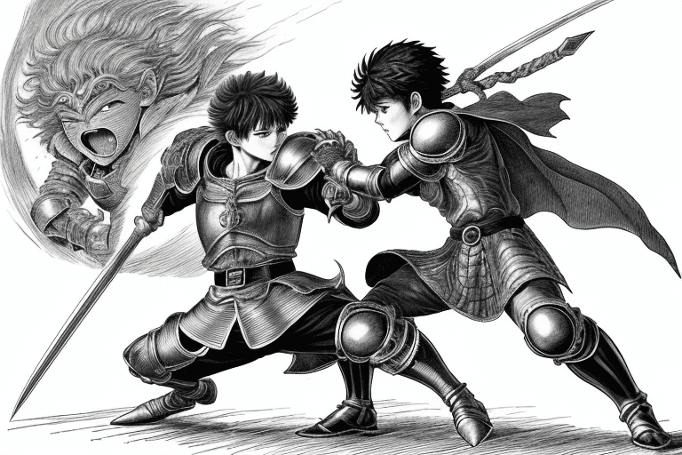 AI generated: monochrome, a little boy, brown hair with tuft, in golden armor, manga, ((without helmet)), in a fig...