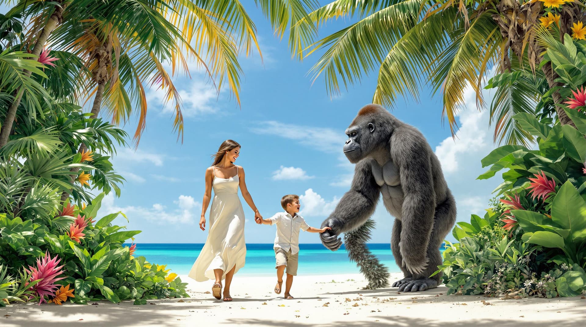 AI generated: “A surreal and touching scene of a woman with a three-year-old child and a large gorilla walking on ...