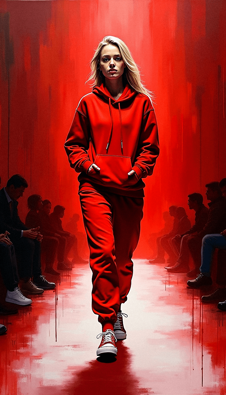 AI generated: Woman walking down a runway in red hoodie and sweatpants, intense red background, serious expression...