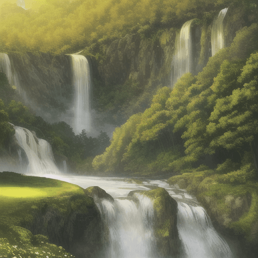 AI generated: a beautiful green landscape, waterfall, stunning light, breathtaking, golden sun, promised land, mou...