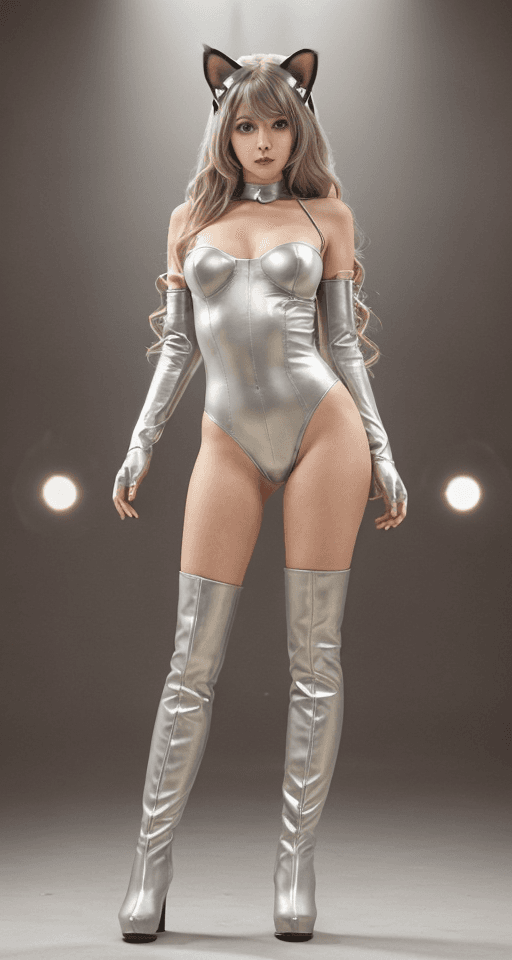 AI generated: lady, long light beige wavy hair, dark eyes, cat ears, wide hips, silver boots, spotlight in the bac...