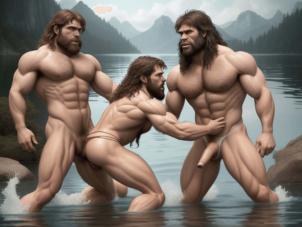 AI generated: ultra realistic photograph of (two stunning ((muscular (caucasian male))) caveman) in floss thong, i...