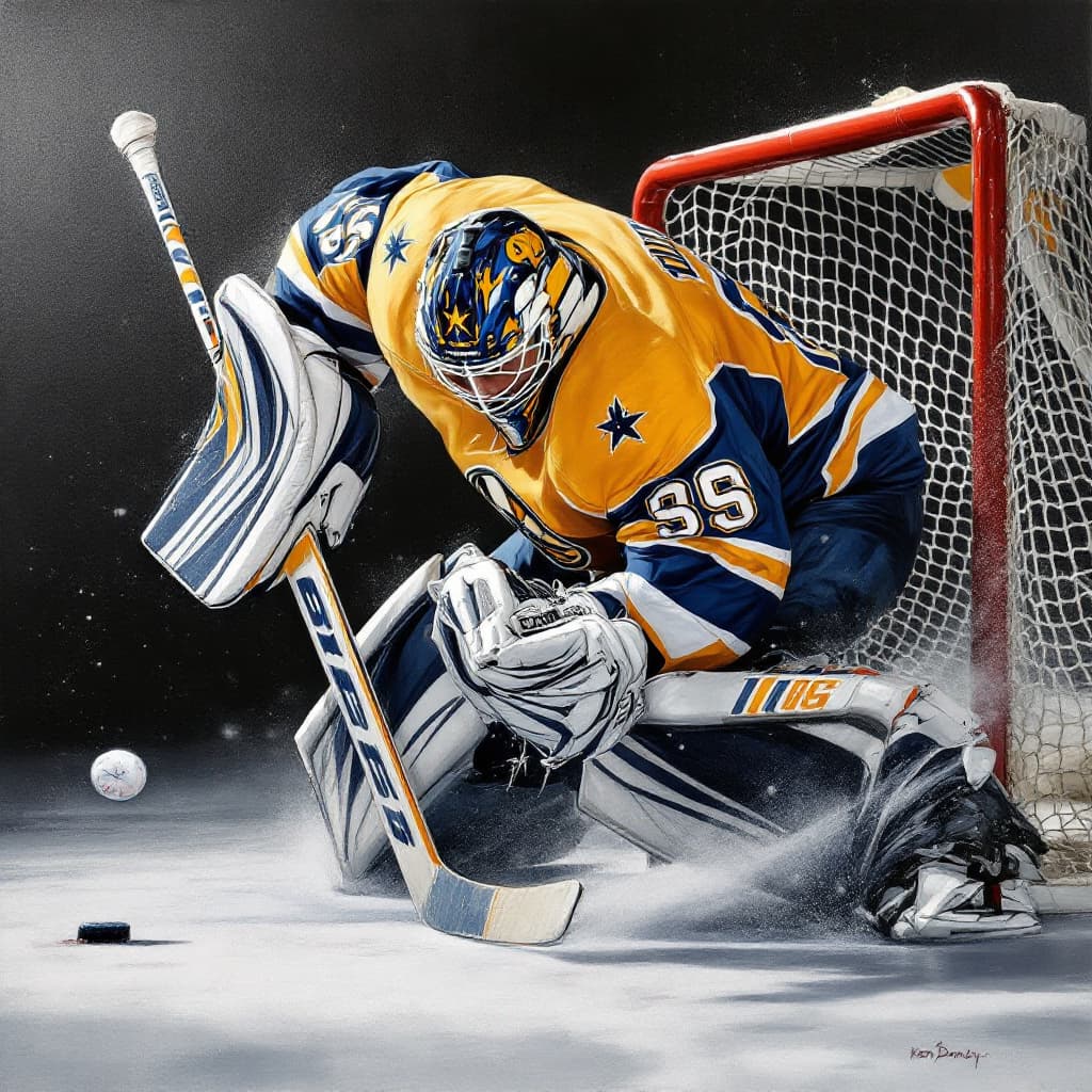 AI generated: painting of a ultra realistic  of a hockey goalie  defensively blocking the net , painted in the sty...