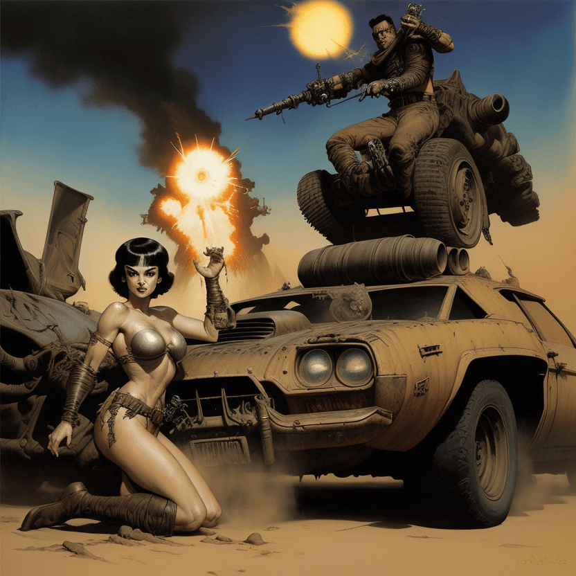 AI generated: Frank Frazetta style abstract science fiction art featuring Mad Max