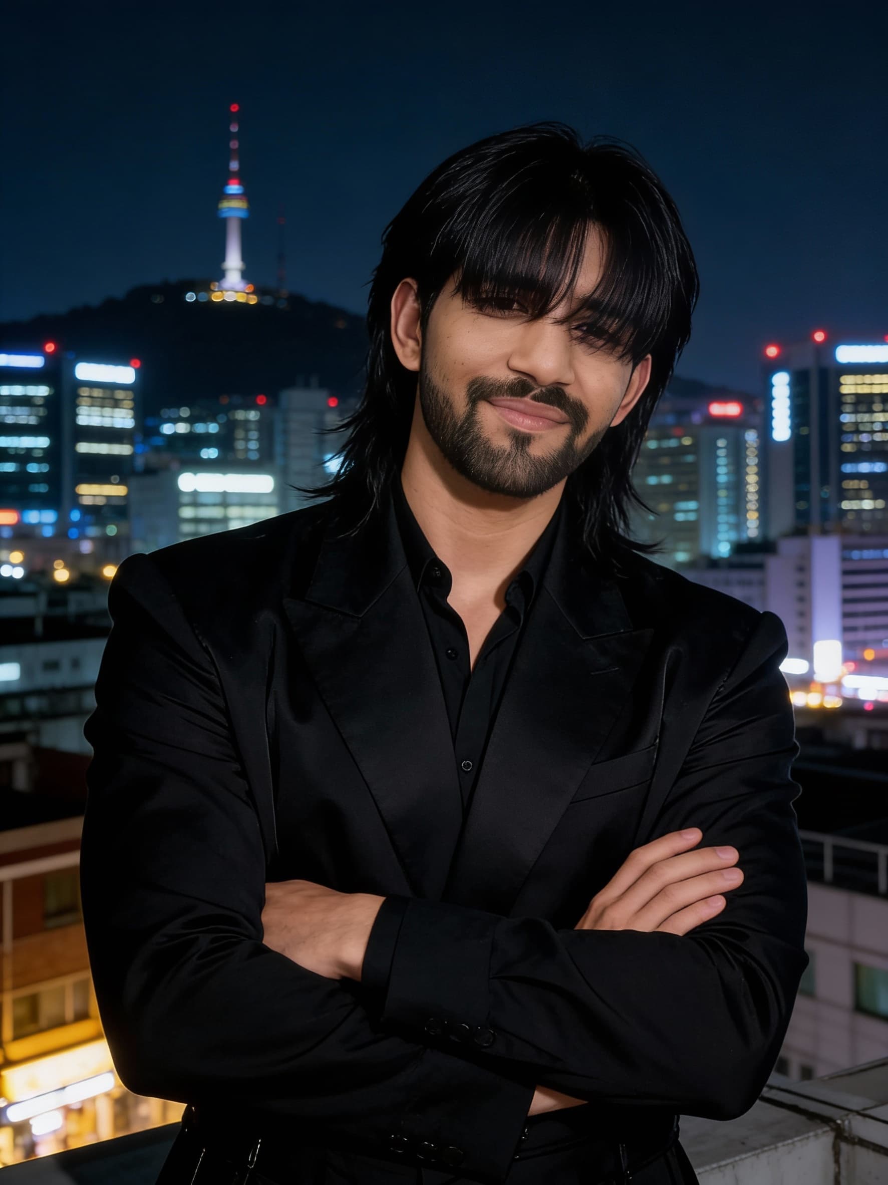 AI generated: Courageous incredibly handsome guy, korean k-pop artist, stylish image, dressed in all black, modern...