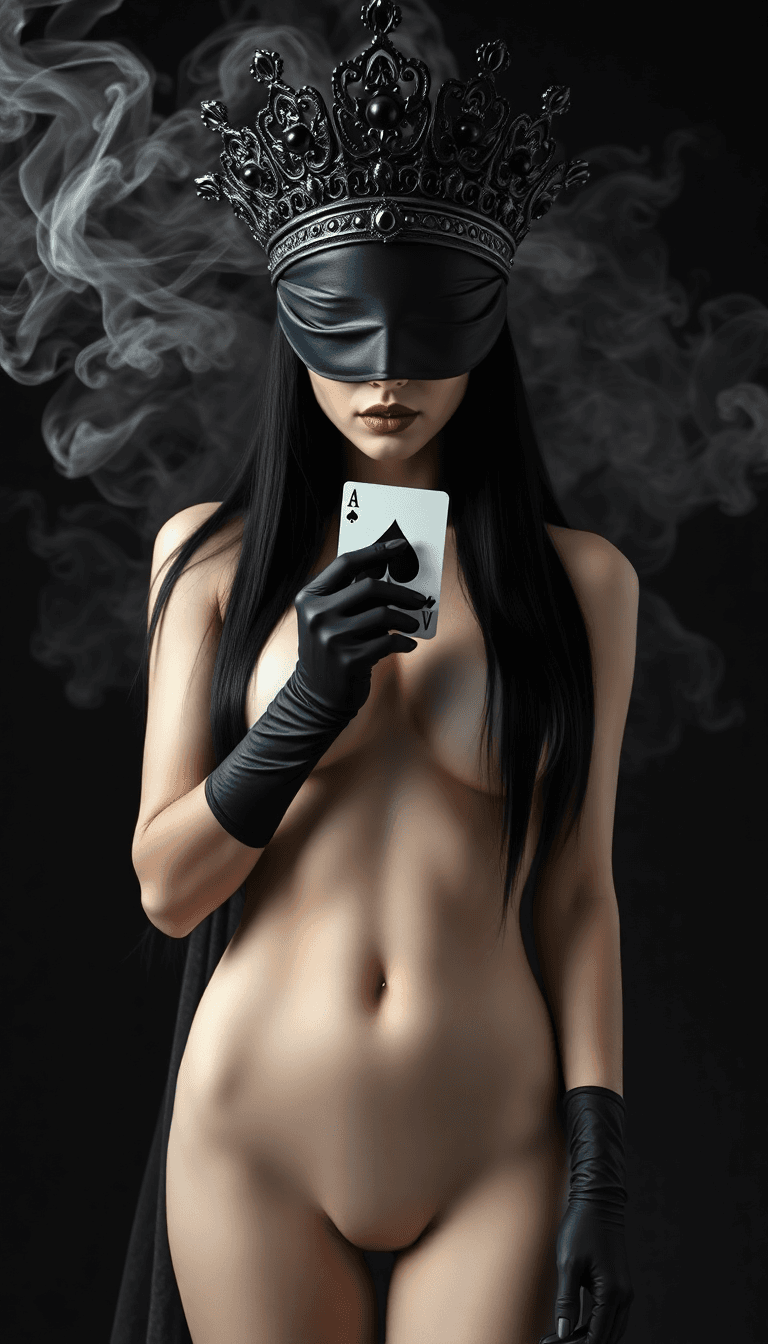 AI generated: A photorealistic full body image a sensual and mysterious queen character, absolutely naked and wear...