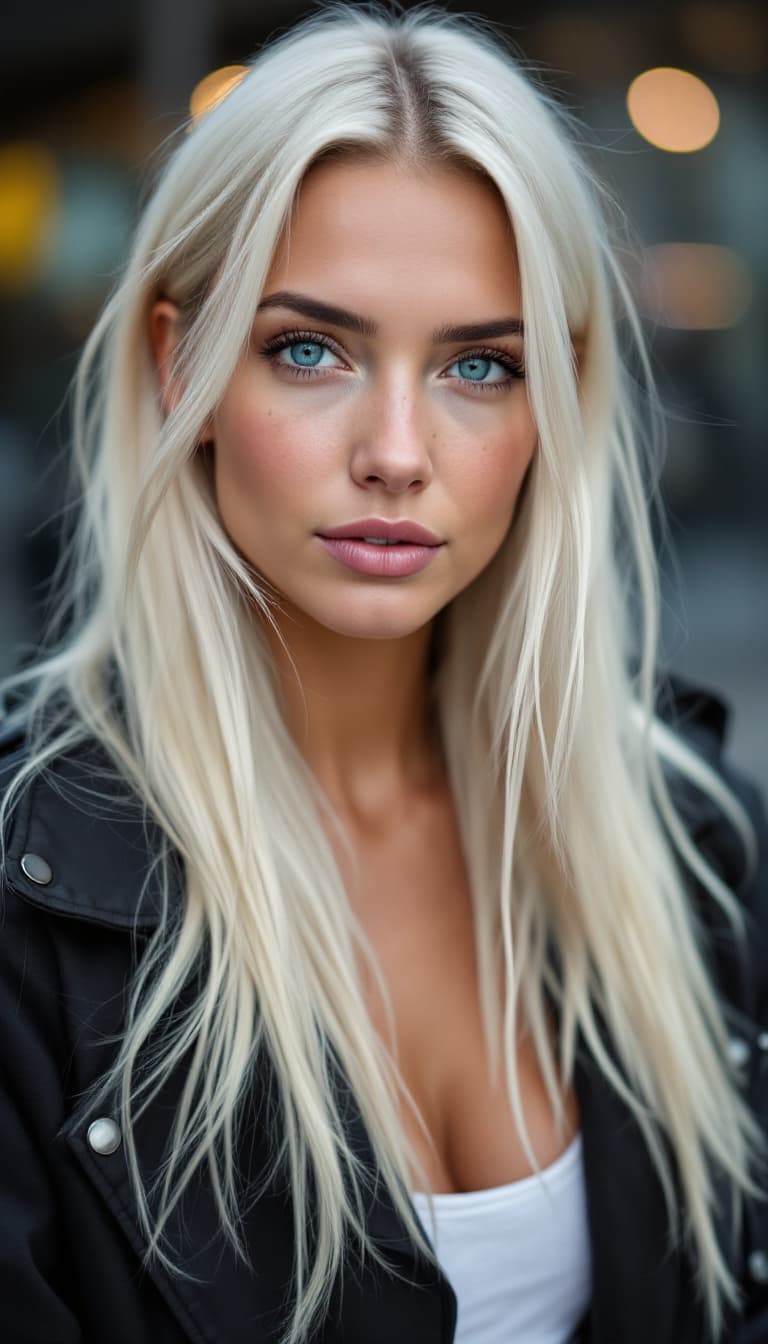 AI generated: A 28-year-old Scandinavian woman with striking blue eyes and long, straight platinum blonde hair tuc...