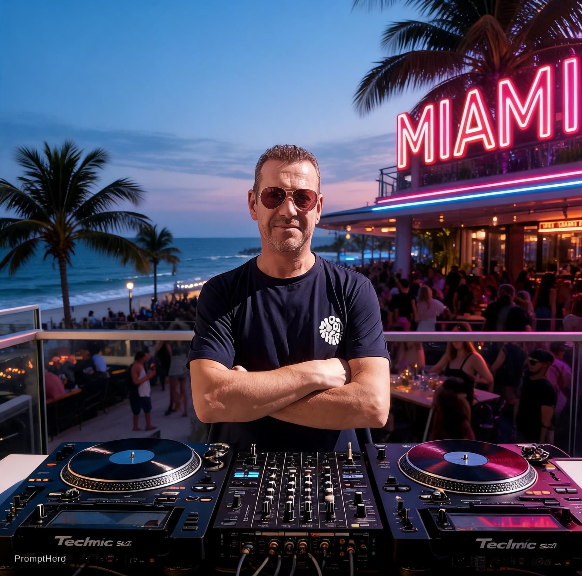 AI generated: Virtual dj mixing in front of mixer  playing with turntables technics sl 1210 and remove background ...