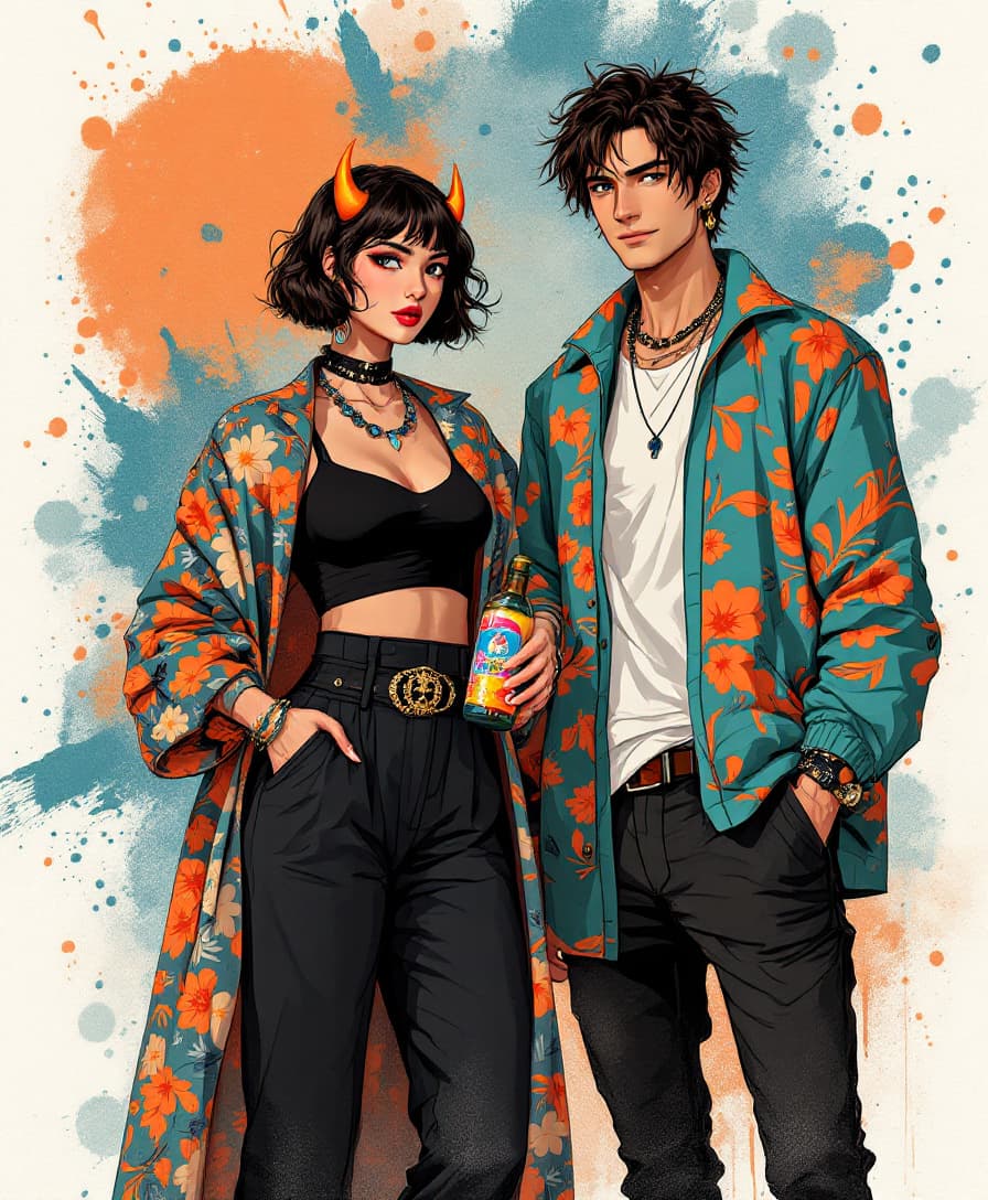 AI generated: Image is a digital illustration featuring two stylized characters with a vibrant and artistic design...