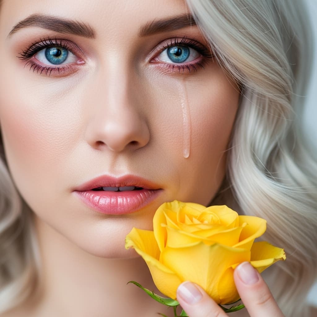 AI generated: Close-up portrait of a gorgeous lady in her 30's. she has platinum hair and gorgeous blue eyes. she ...