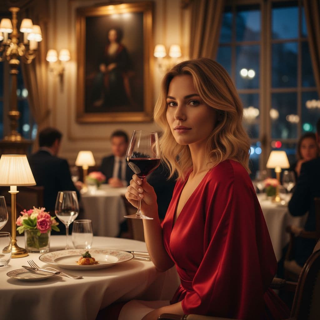 AI generated: Ultra-realistic evening photo of a woman sitting at a fine Parisian restaurant, candlelight ambience...