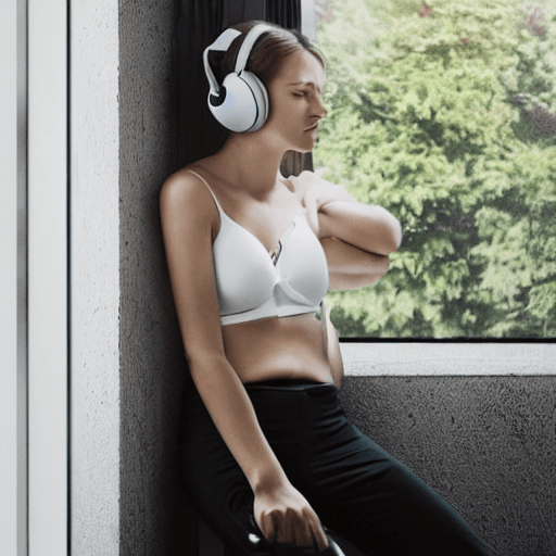 AI generated: : gorgeous young Swiss girl sitting by window with headphones on, wearing white bra with translucent...