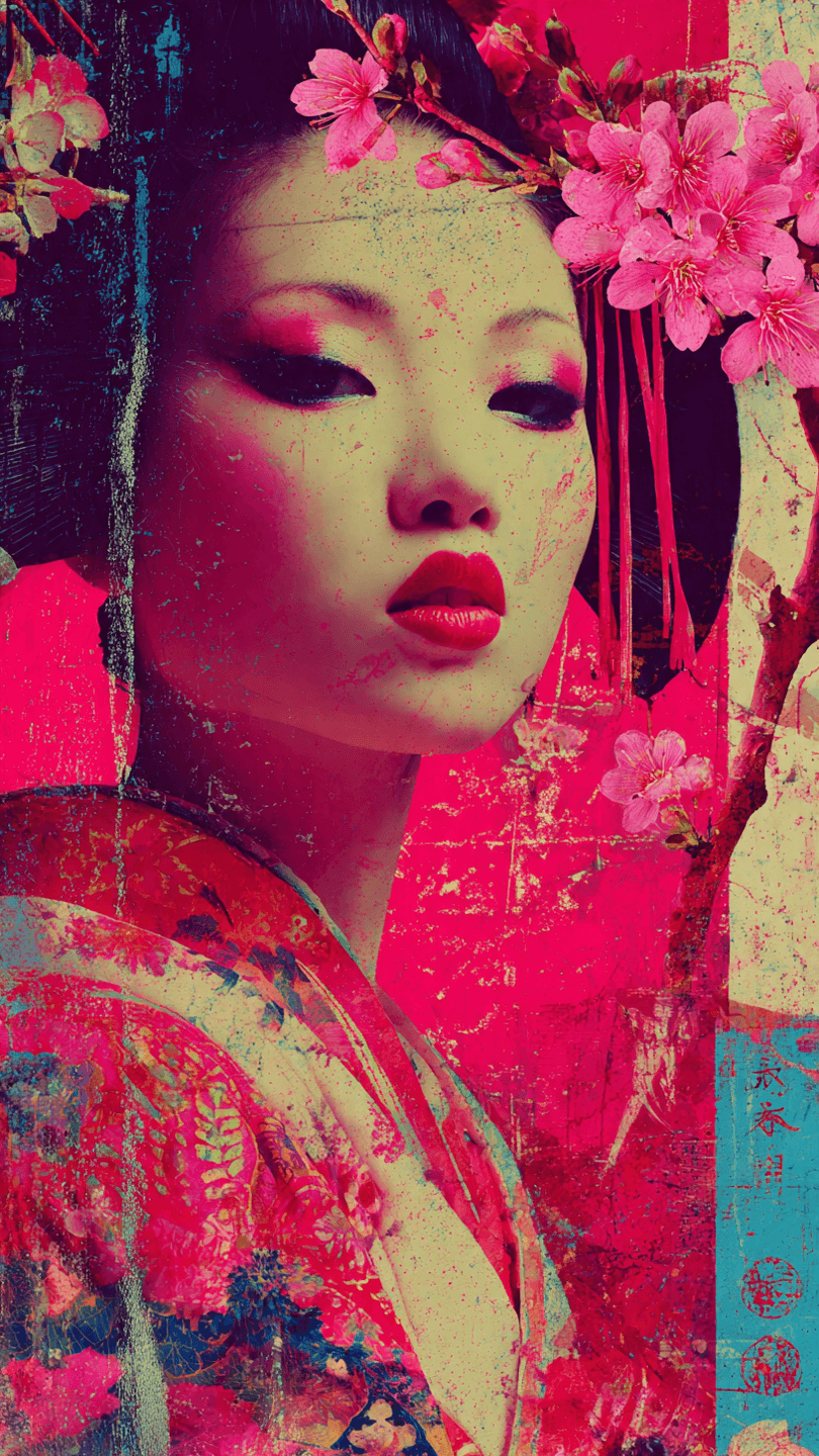 AI generated: Geisha,jp poster art,saturated colors
