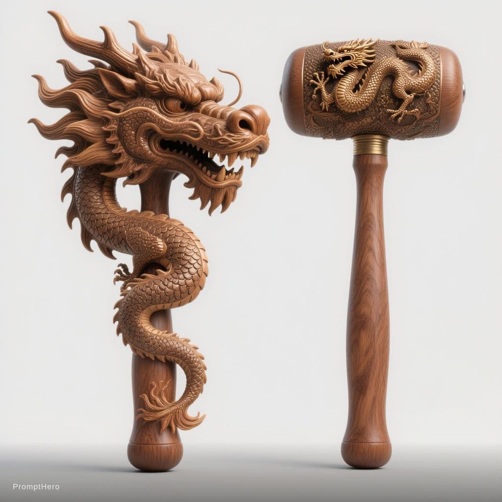 AI generated: Chinese dragon head massage hammer, carved dragon head design, wooden handle stick, traditional Chin...