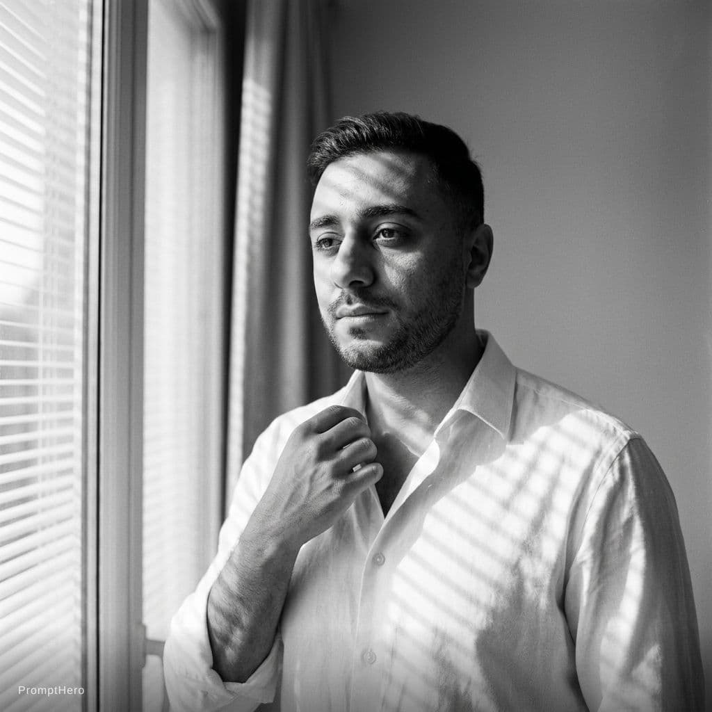 AI generated: Ultra-realistic 8K black and white cinematic mid-shot portrait of a young man (use provided face), s...