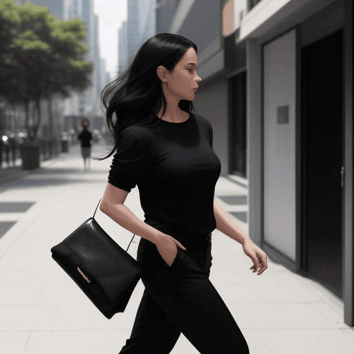 AI generated: The image features a  woman wearing a black shirt and black pants, walking down a street while carry...