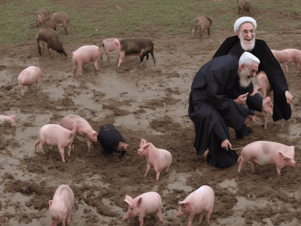 AI generated: portrait of ali khamenei playing with pigs in mud and laughing 