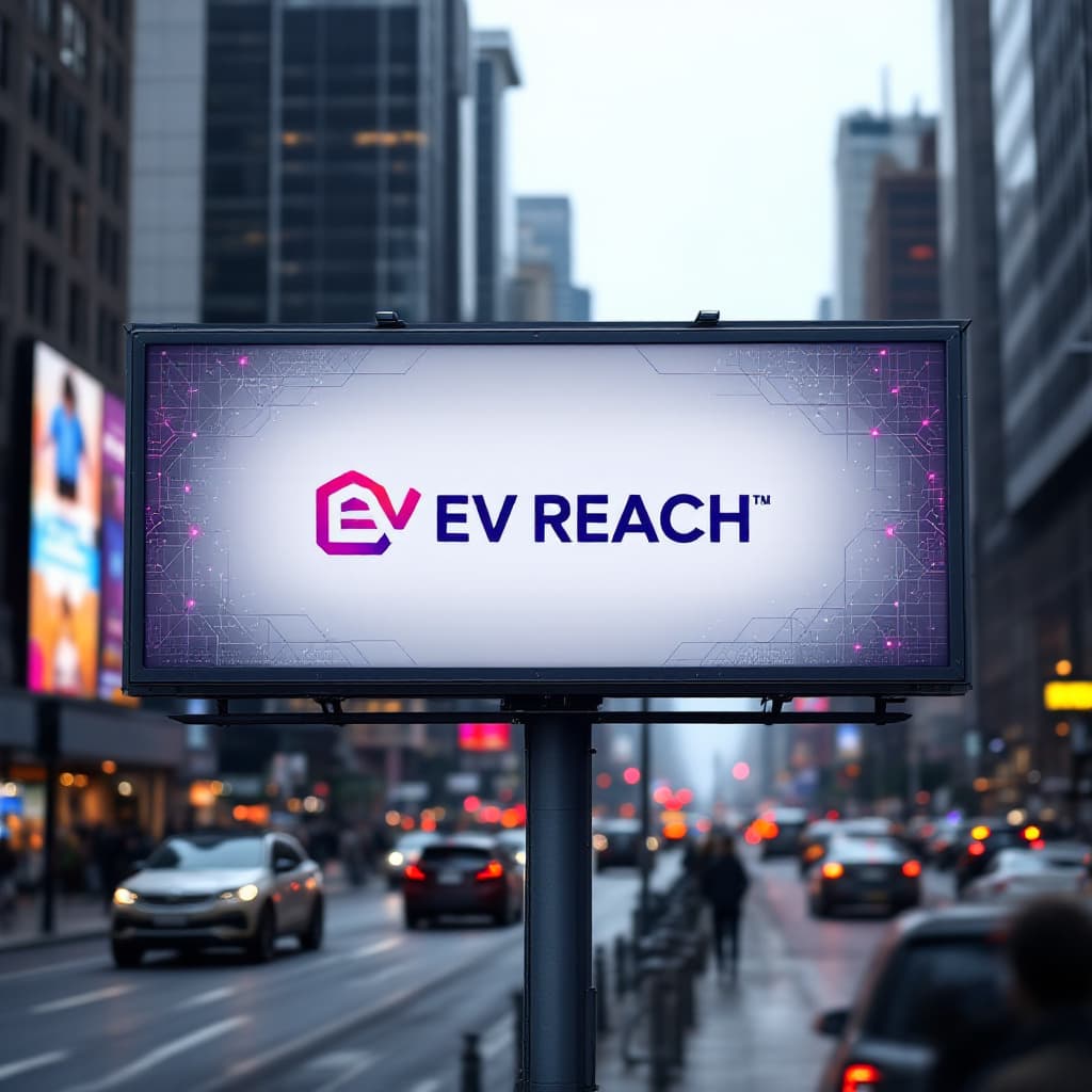 AI generated: a billboard sign in a busy city with the logo for EV REACH in pink and purple in the middle and in t...