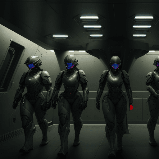 AI generated: Futuristic Soldiers with advanced armor lined up through the ship's hatch, guns blazing, weaponry, a...