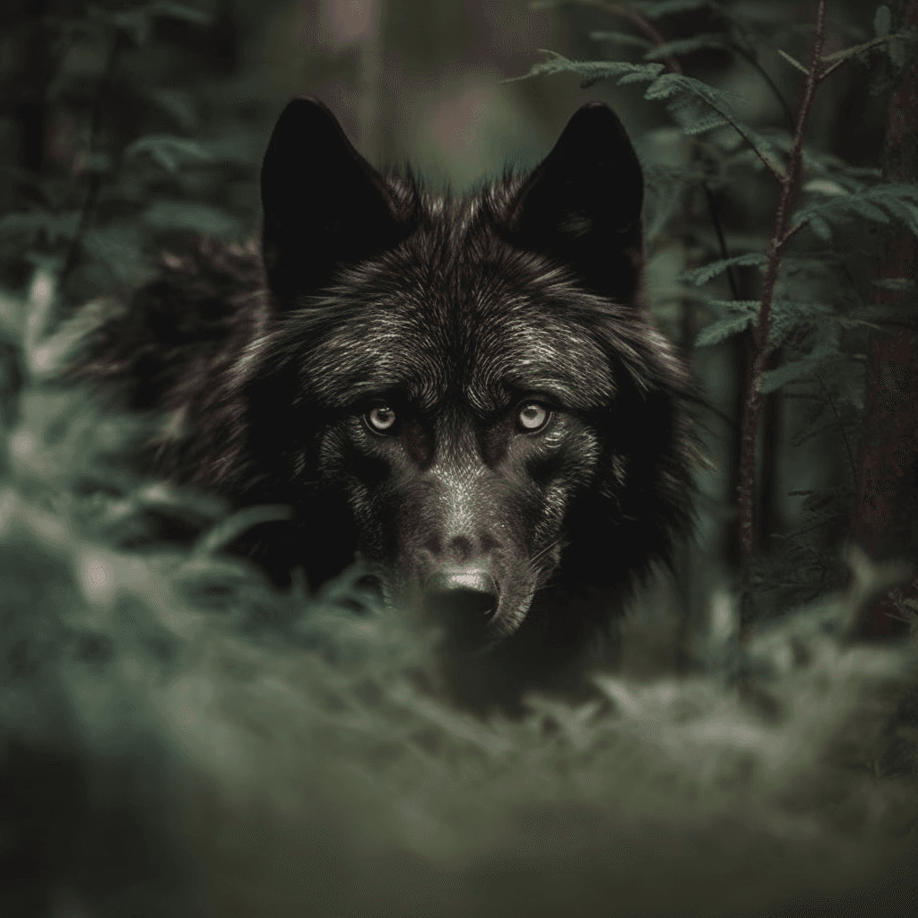AI generated: **black wolf,white eyes, in the middle of the forest, hiding in the trees, waiting his prey, 4k, rea...