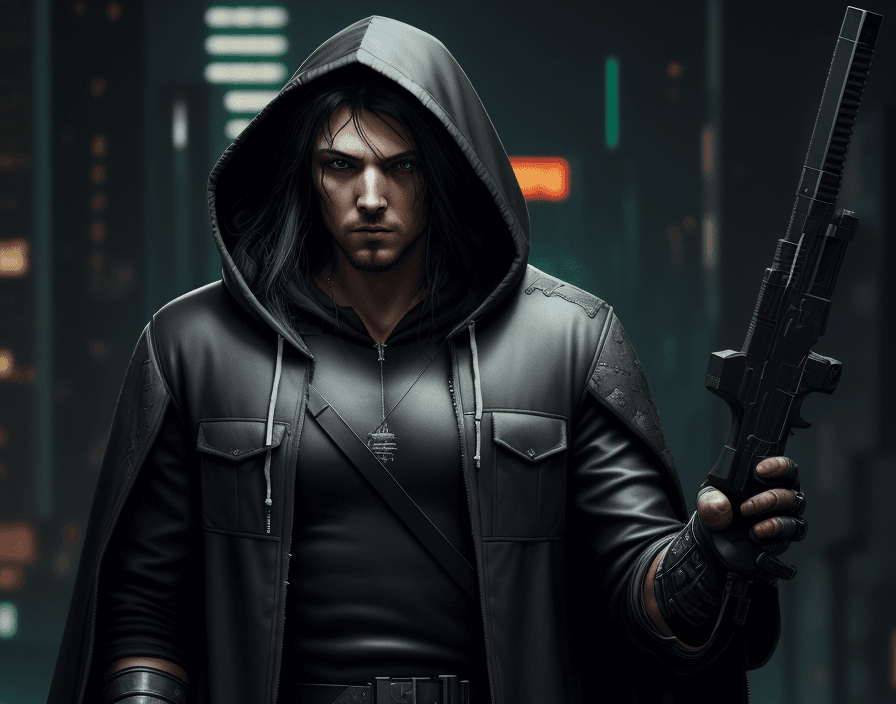 AI generated: Cyberpunk, robin hood, Heavy Pistol, stylish, hooded, dark clothes, european, black long hair, male,...