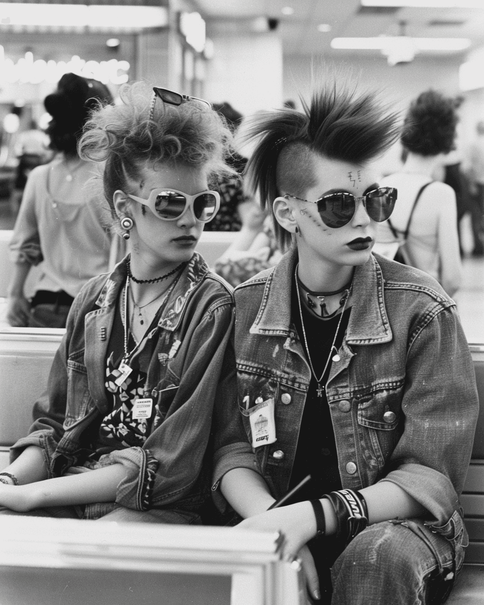 AI generated: black and white photo of two punk girls in the mall, sitting at the counter of a store, wearing sung...