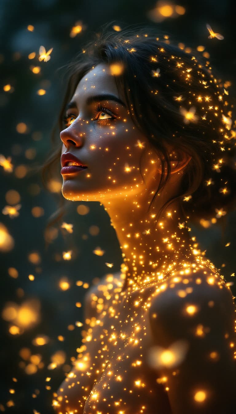 AI generated: An ethereal, three-quarter portrait of a woman, her body seemingly composed of countless, tiny, glow...