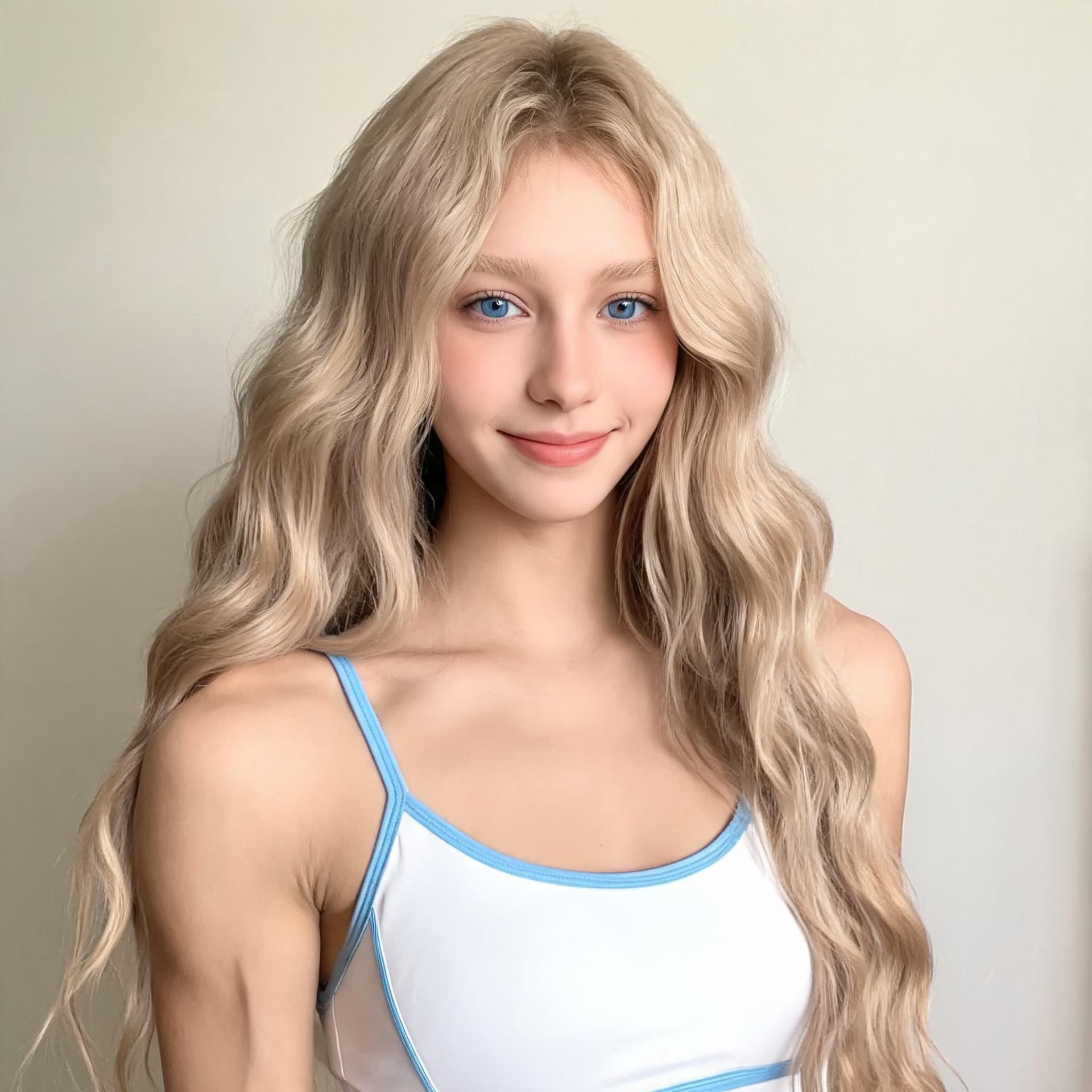 AI generated: all american girl next door blue eyes hair down light blonde hair tone not muscular matcing blonde e...