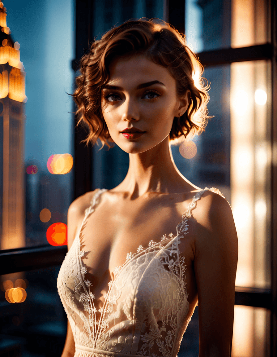 AI generated: Masterpiece RAW photo: Portrait of a stylish woman beside a city high-rise window, short wavy hair, ...