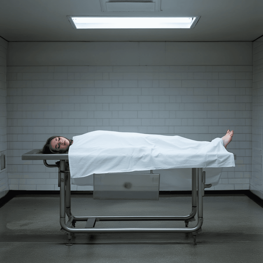 AI generated: dead girl lying on morgue table, bare feet, 
