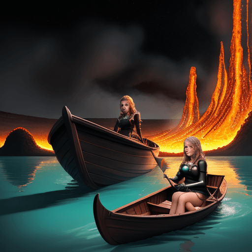 AI generated: A  beautiful girl in a boat in a lake of lava 