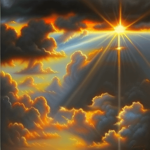 AI generated: sun breaking through clouds, captivating and dreamy, oil painting