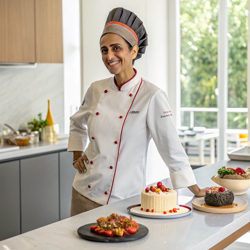 AI generated: Image of a beautiful chef who is also a product designer 