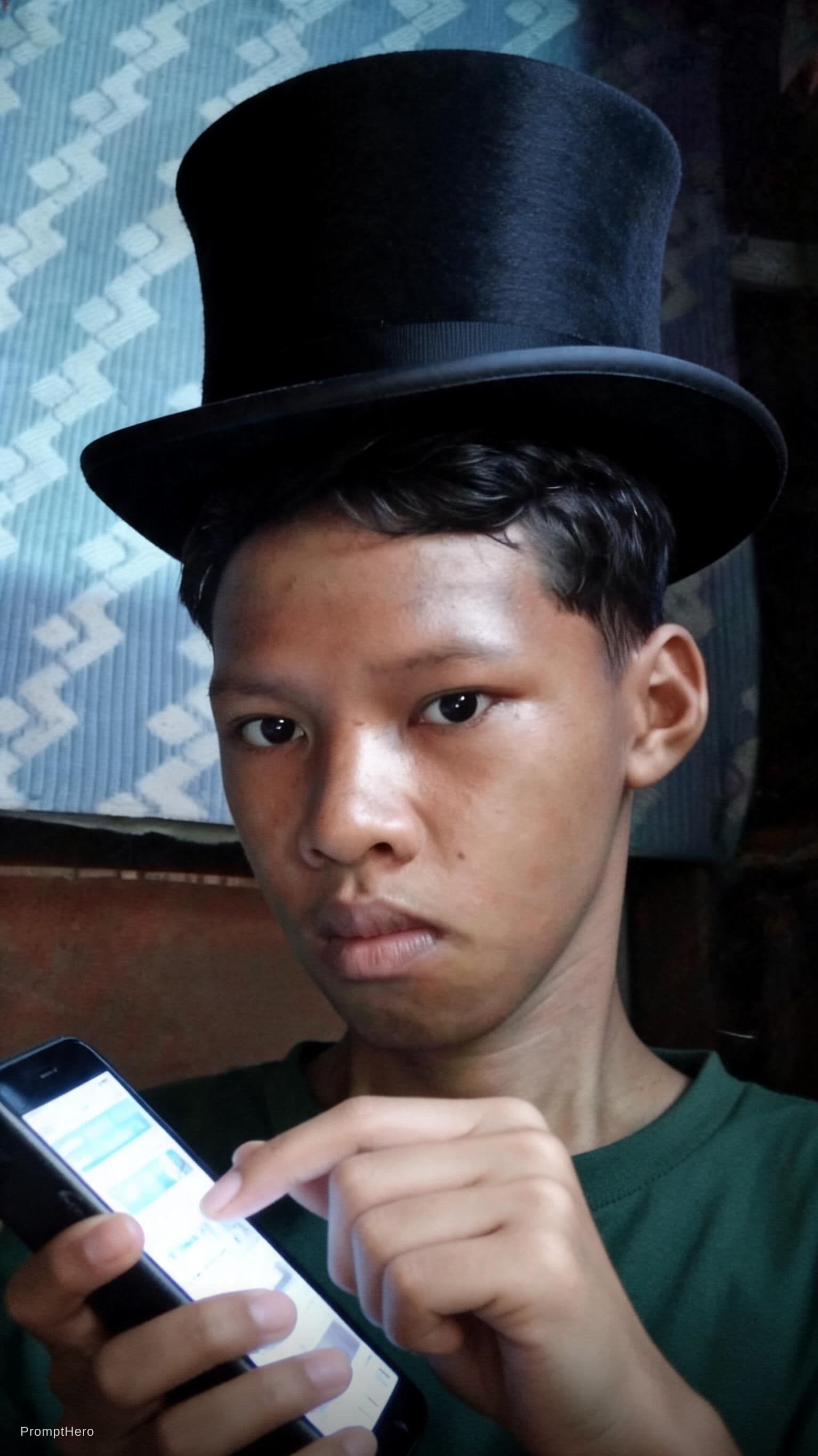 AI generated: The character wearing the top hat in this artwork scrolling on a mobile phone. Retain the style and ...